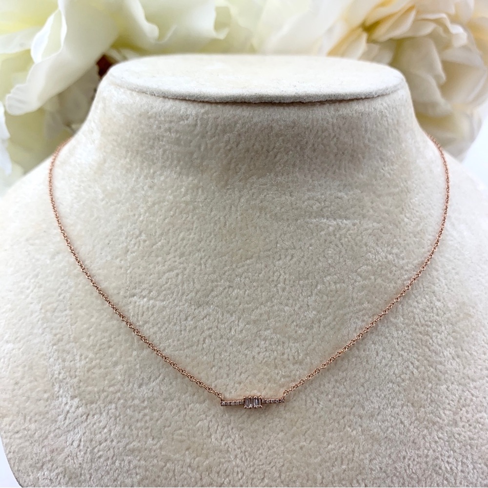 14K Solid Rose Gold Diamond Baguette Bar 16”-18” Adjustable Necklace - Picture 2 of 7